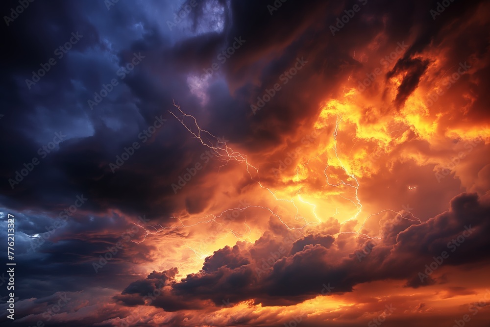 Fototapeta premium Intense thunderstorm captured with bright lightning illuminating turbulent orange clouds at dusk