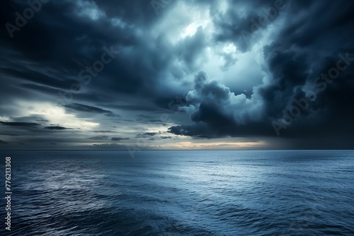 Dark  foreboding clouds hover over a calm sea  creating a stark contrast between the serene water and the stormy sky