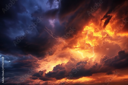 Intense thunderstorm captured with bright lightning illuminating turbulent orange clouds at dusk
