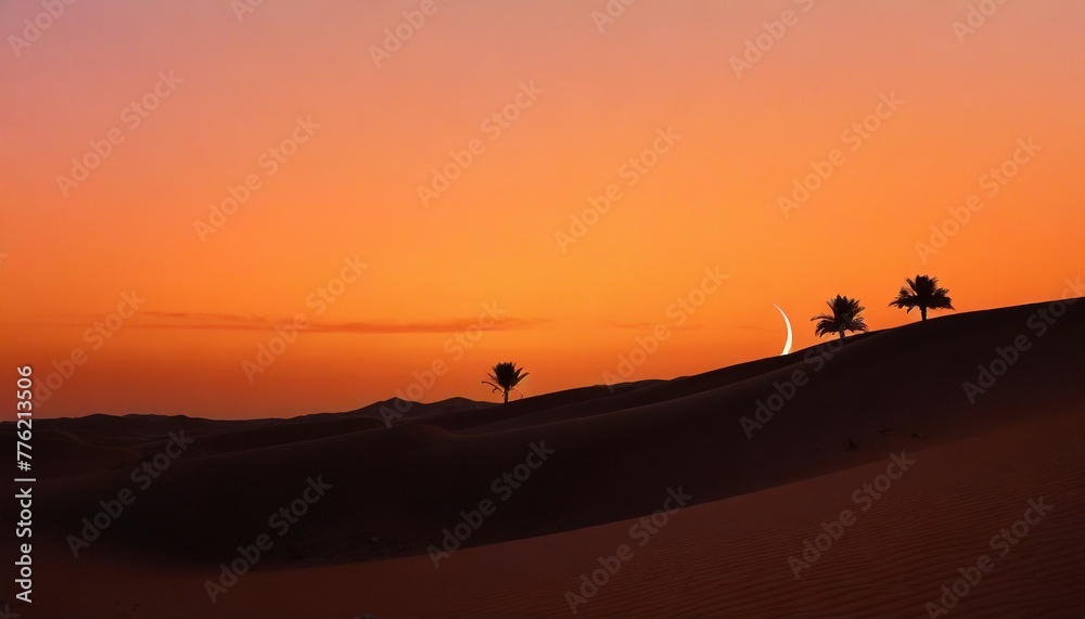 A peaceful desert at dusk with sand dunes, palm trees, and a crescent moon, evoking the spirit of Ramadan.