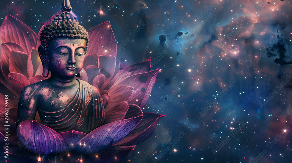 Obraz premium Buddha statue surrounded by lotus flowers against a cosmic backdrop