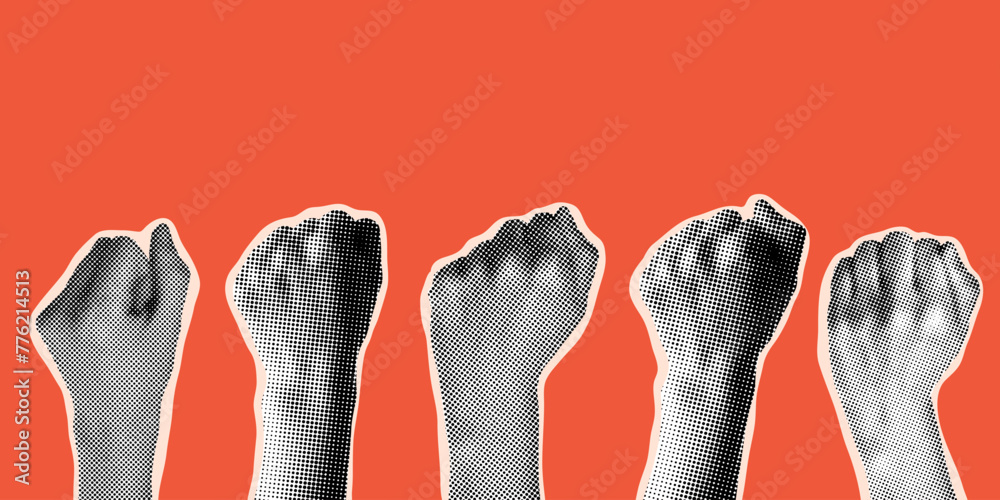 Halftone hands raised up with closed fist. Feminists fight. Illustration for protest. Modern collage with hands. Trendy vintage newspaper parts. Torn paper. Woman rights concept Halftone hands raised up with closed fist. Feminists fight. Illustration for protest. Modern collage with hands. Trendy vintage newspaper parts. Torn paper. Woman rights concept