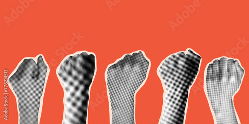 Halftone hands raised up with closed fist. Feminists fight. Illustration for protest. Modern collage with hands. Trendy vintage newspaper parts. Torn paper. Woman rights concept photo