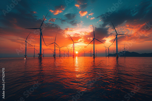 Windmill park on the ocean, generating green electricity, at sunset