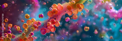 Colorful multicolored enzymes on a dark blurred background, enzymes to speed up a chemical reaction, banner photo
