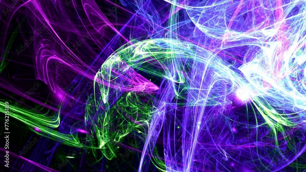 Netzwerk aus energievoll leuchtenden animierten Linien, Lichter, Design, vernetzt, Hintergrund, Internet,  Energie, lila, violett, grün, schwarz, Wissenschaft, Technologie, Sci-Fiction
