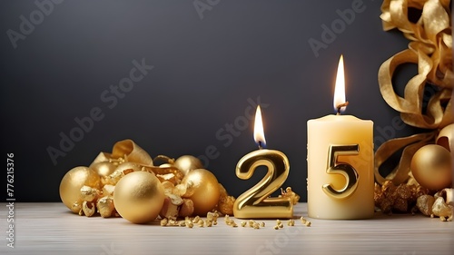 Candle for celebrating a golden 25th birthday or anniversary with copy space