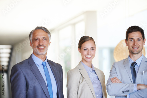 Portrait, men and woman with pride in workplace for company in business collaboration, corporate and people in office for teamwork. Management, professional team and job satisfaction in career.