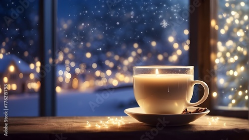 Warm beverage by the lovely winter window with twinkling lights and copy space