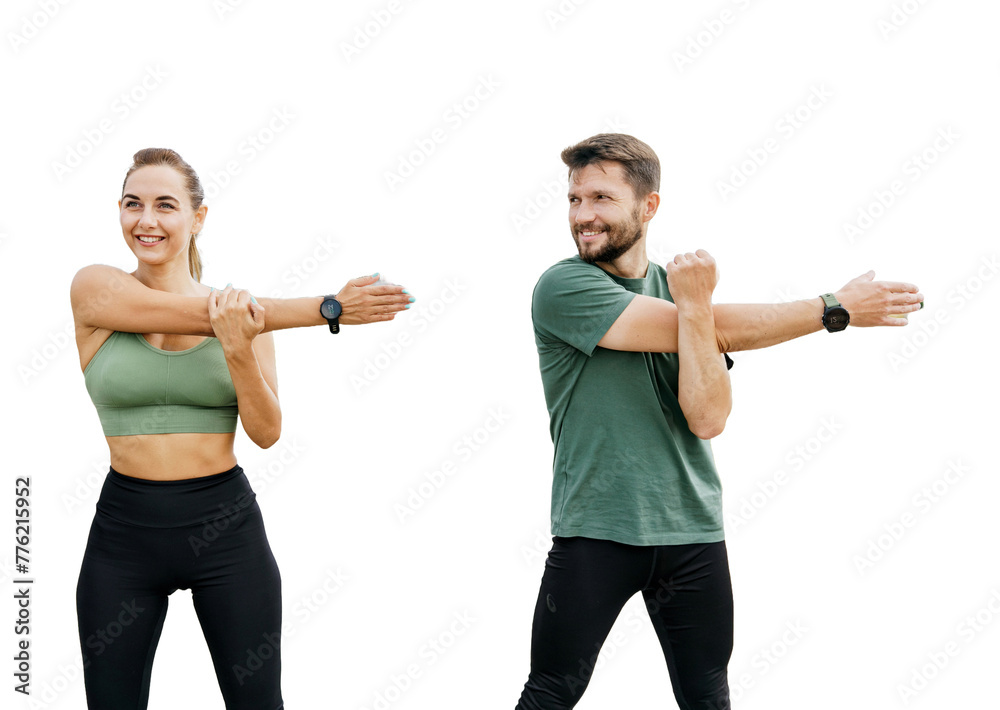 Fototapeta premium Man and woman people stretching workout warm up. Isolated background.