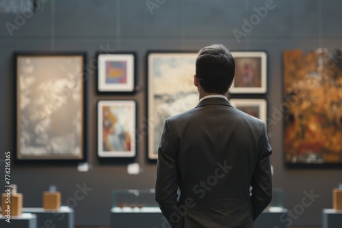 Man in an art gallery or museum, outstanding paintings by artists of past centuries photo
