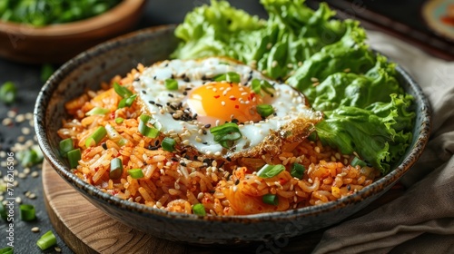 Fried rice with fried egg on top and fresh kimchi cabbage in a bowl, Korean food © hazia