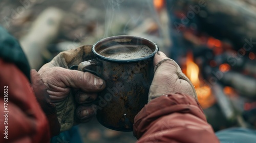 hands holding a cup with hot drink in the middle of a cold mountain generative ai
