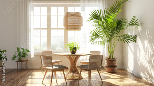 An airy dining room featuring an Areca palm as a centerpiece, surrounded by a cozy rattan dining set and a wooden table, set against a backdrop of polished wooden flooring. 8K.