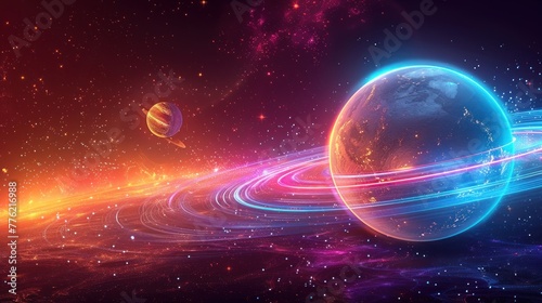 Bright colorful planet with glowing neon rings. Abstract solar system with planets and stars in orbit. Meteorites and comets. Space futuristic creative design.