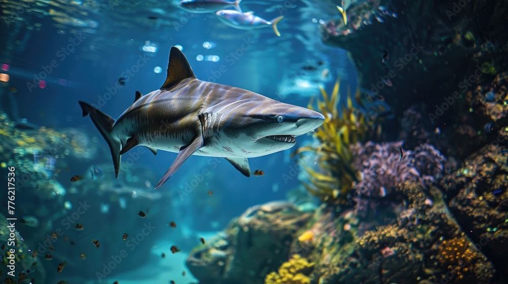 Naklejka premium Ocean shark in the underwater blue sea. AI Generated 
