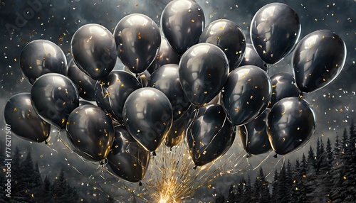balões pretos elegantes e reflexivos flutuando com floresta ao fundo, conceitos noir / gótico photo