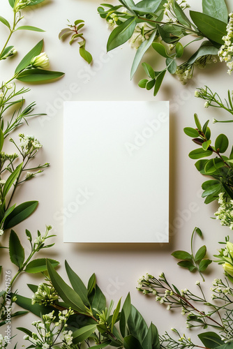 Top View Floral Invitation Card Mockup. Top view of blank invitation card surrounded by greenery, suitable for wedding designs.