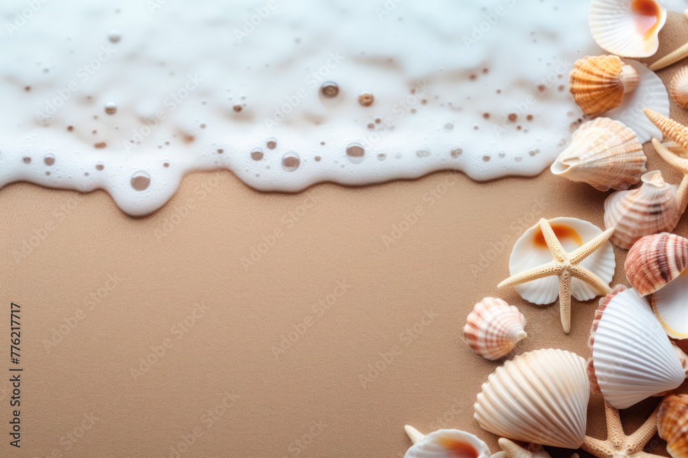 A gentle wave's foam reaches a collection of assorted shells and a starfish on a smooth sandy beach background with copy space.