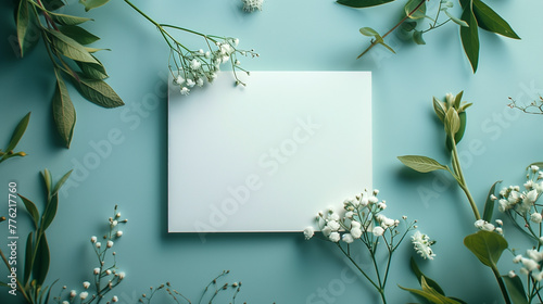 Top view of a blank card with flowers on a blue background, ideal for invitations.