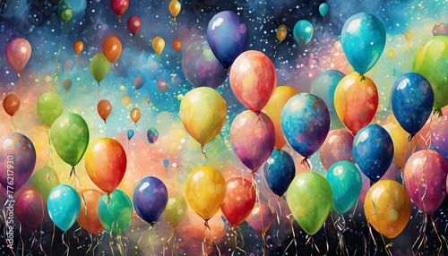 desenho aquarela balões coloridos voando nos céus, celebração photo