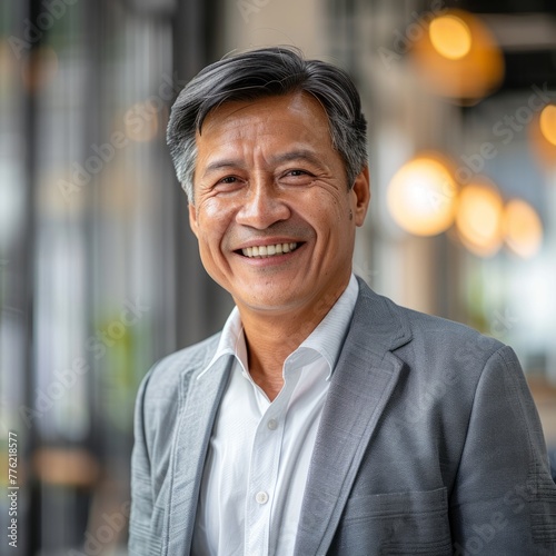 Smiling Asian businessman 50-60 years old, active business man against the background of his office