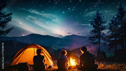 Camping in the mountains at night. Group of friends sitting near bonfire and looking at night sky with stars, A family camping trip under a star-filled sky, AI Generated photo