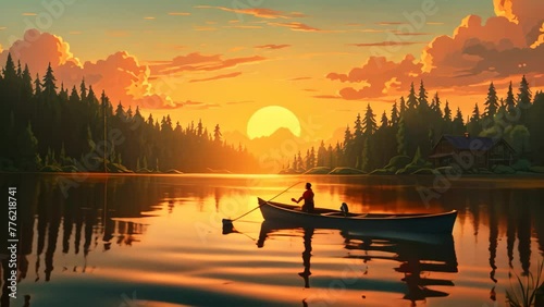 man and woman in boat on the lake in the mountains at sunset, A family fishing trip at a quiet lakeside, AI Generated photo