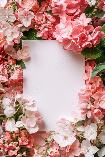 Top view of pink and white flowers around blank space, ideal for invitations.