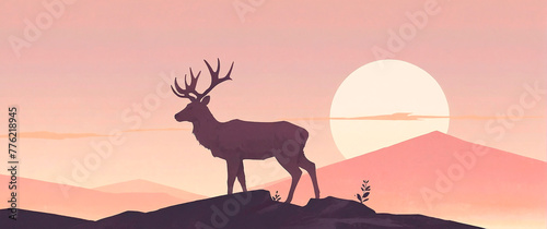 Wide screen landscape with deer and sunset  wallpappers