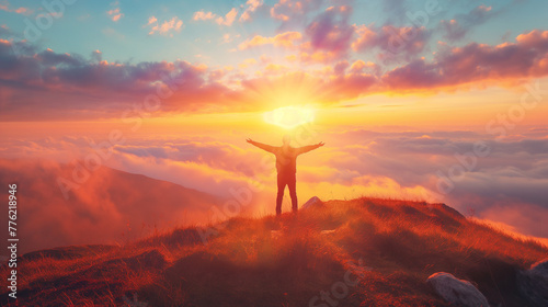 A man stands on a hilltop watching the sunrise, silhouetted against the light of a new day, his hands wide open, embracing hope and possibility photo