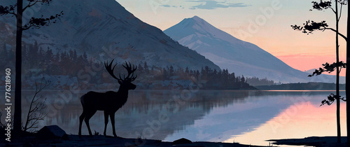 Wide screen landscape with deer and lake wallpappers © Ivan