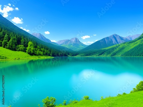 A big blue lake and a view of many beautiful mountains