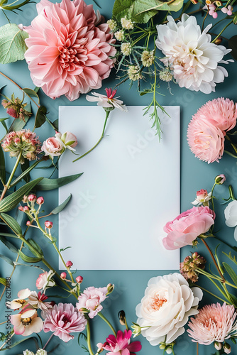 Top view of various blooming flowers with copy space for invitations.