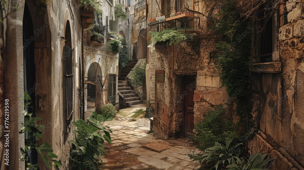 A network of narrow alleyways winding through an ancient Mediterranean town, each corner holding a story untold.