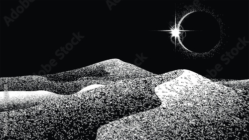 Solar eclipse .Star and moon in space. Futuristic landscape, with noise texture . Night landscape .Vector illustration © miloje