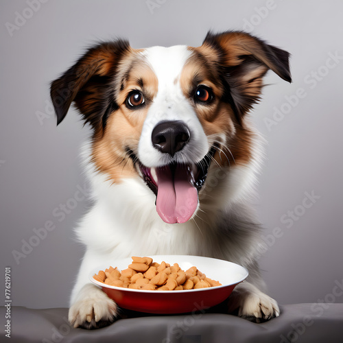 cute dog happy face with food on grey background 