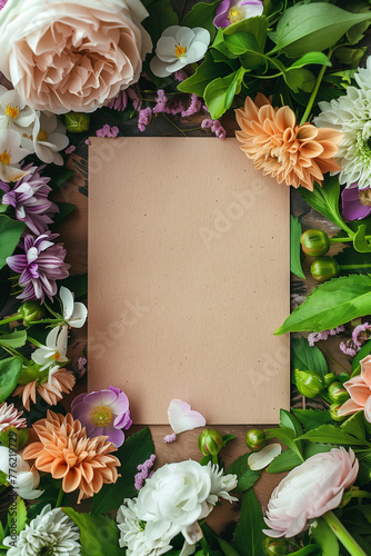 Top view of various colorful flowers around a blank brown card.