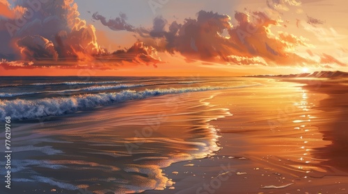 A peaceful beach at sunset, where the sky ignites in fiery hues and the gentle waves kiss the shore in a dance of farewell to the day.