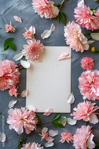 Overhead view of pink peonies surrounding a blank card, ideal for invitations.