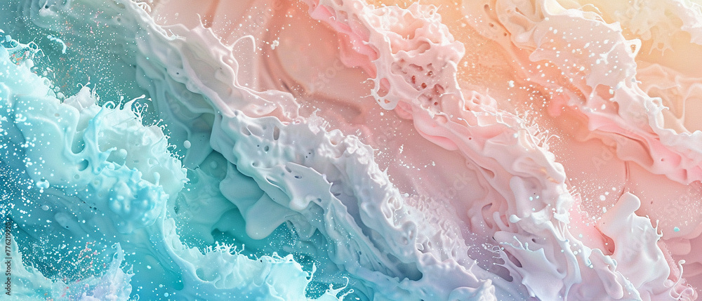 Fototapeta premium Illustration of a gentle cascade of powder paint, mimicking a waterfall, in a palette of calming pastel colors