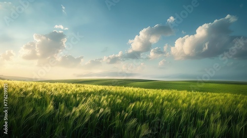 A peaceful countryside scene, where fields of green stretch to meet the endless expanse of the sky, a timeless portrait of rural tranquility.