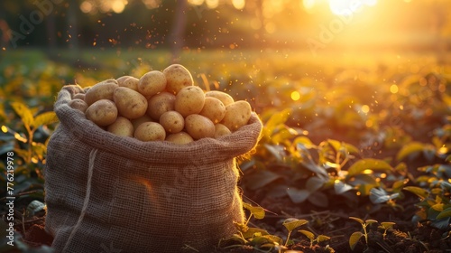 Harvested potatoes in sack with sunrise behind © muji