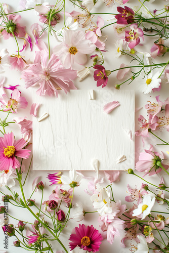 Top-down spring floral arrangement with a blank card for text.