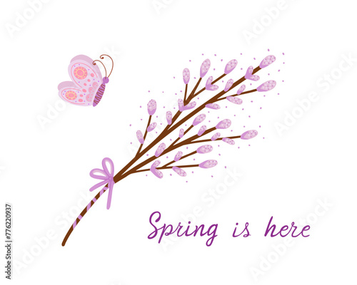willow branch, spring is here. Vector Illustration for printing, backgrounds, covers and packaging. Image can be used for greeting cards, posters, stickers and textile. Isolated on white background.