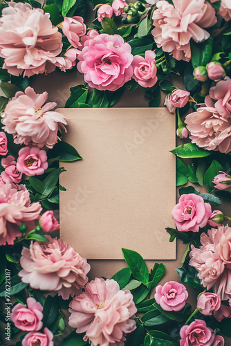 Top view of pink roses and blank card for romantic occasions.