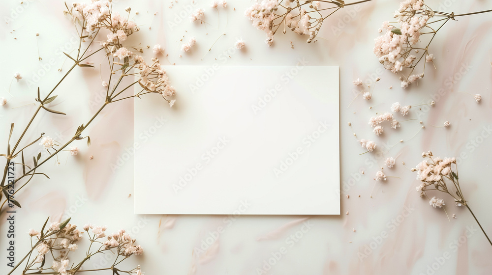 Top View Pastel Floral Invitation Mock-up. Top view of a blank canvas surrounded by pink flowers.