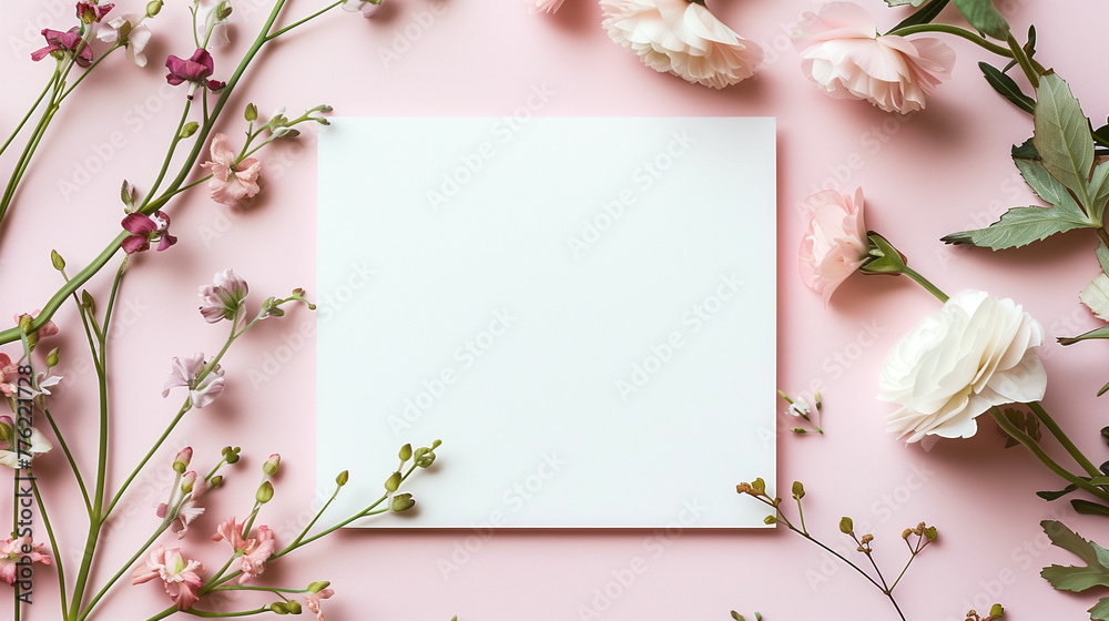 Elegant pink floral mockup with blank space for Mother's Day or wedding invitations.