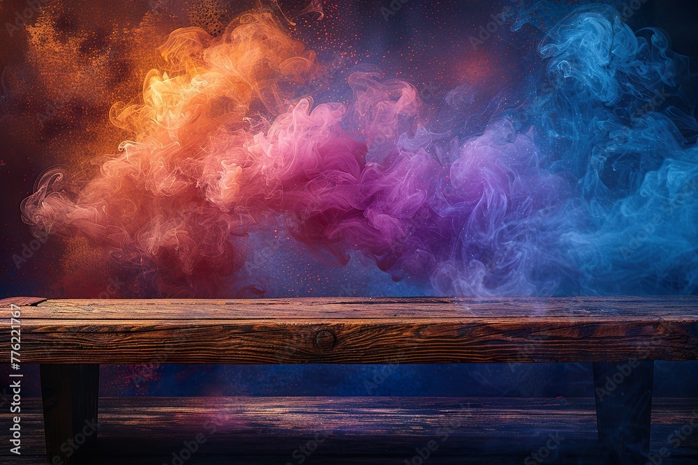 empty wooden table with colorful smoke float up on bright background
