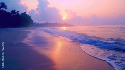 A secluded beach kissed by the first light of dawn, the soft sands a canvas for nature's gentle touch.